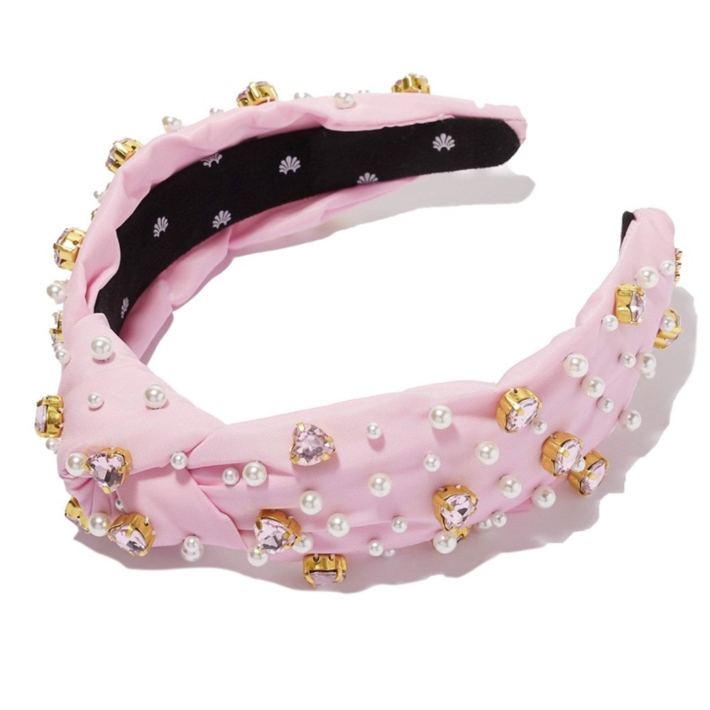 LELE SADOUGHI X STONEY CLOVER FLAMINGO CRYSTAL HEARTS & PEARL KNOTTED HEADBAND - Picture 2 of 9